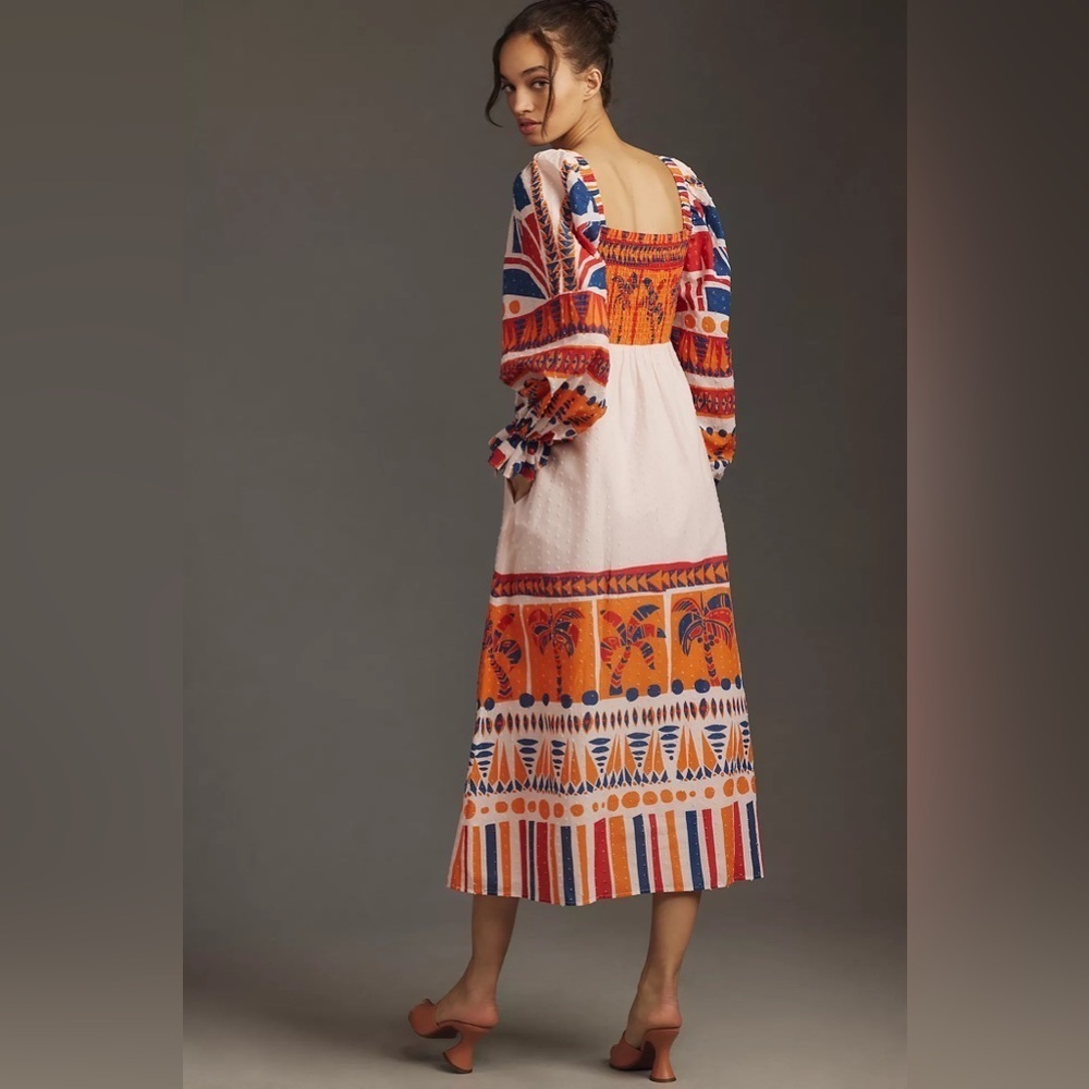 NWT Farm Rio Long-Sleeve Smocked Printed Midi Dress - Picture 2 of 3